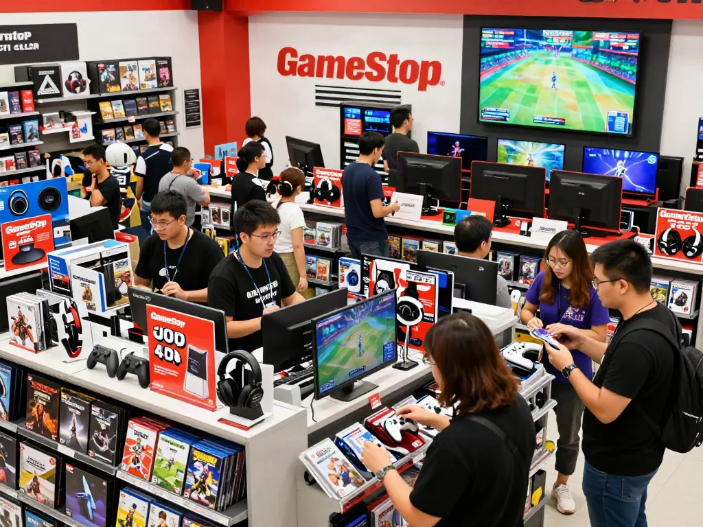 Customers exploring GameStop store, showcasing gaming consoles and merchandise in an inviting atmosphere.