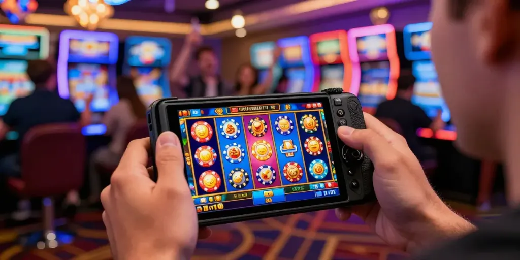 Mobile player enjoying gambling sites not on gamstop, spinning colorful slots.