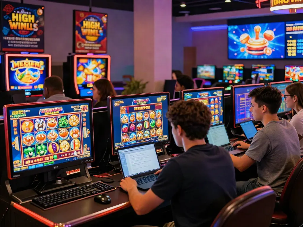 Players engaged with uk casinos, showcasing colorful slot games and exciting bonuses in a vibrant online environment.