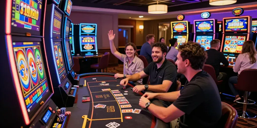 Players enjoying the best non gamstop casinos with vibrant slot machines and live dealers.