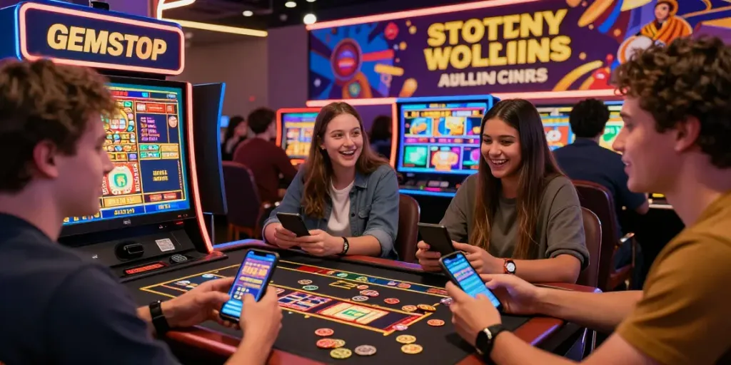 Excited players enjoying slots not on GamStop with vibrant graphics and bonuses.