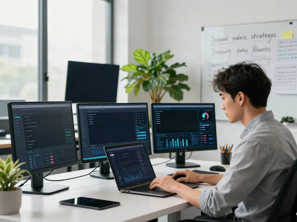 SEO strategist analyzing data for instant indexing optimization in a modern office setting
