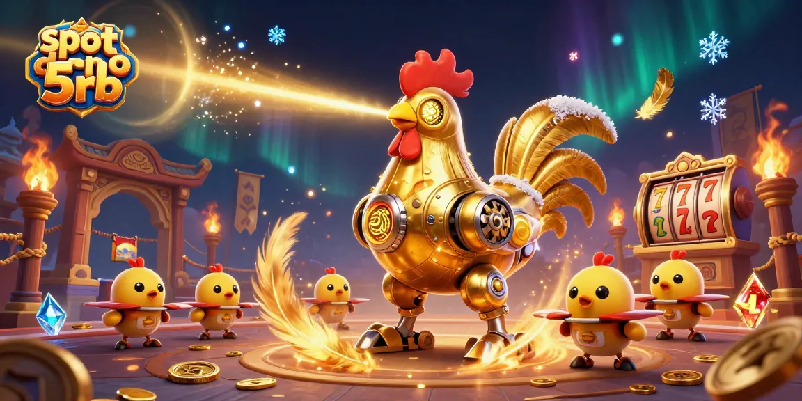 Engage with slot depo 5rb for thrilling gameplay featuring golden rooster robot and detailed environments.