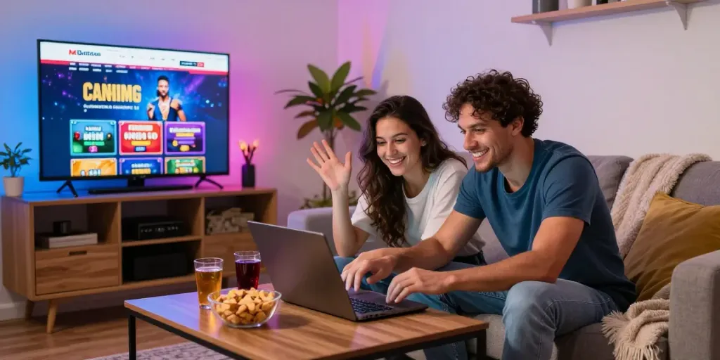 Couple enjoying online gaming at home with non gamstop casinos UK platform on screen.