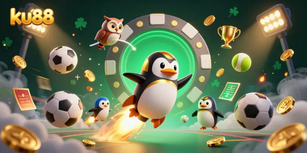 Experience thrilling sports excitement with ku88 illustrated through a golden penguin and casino elements.