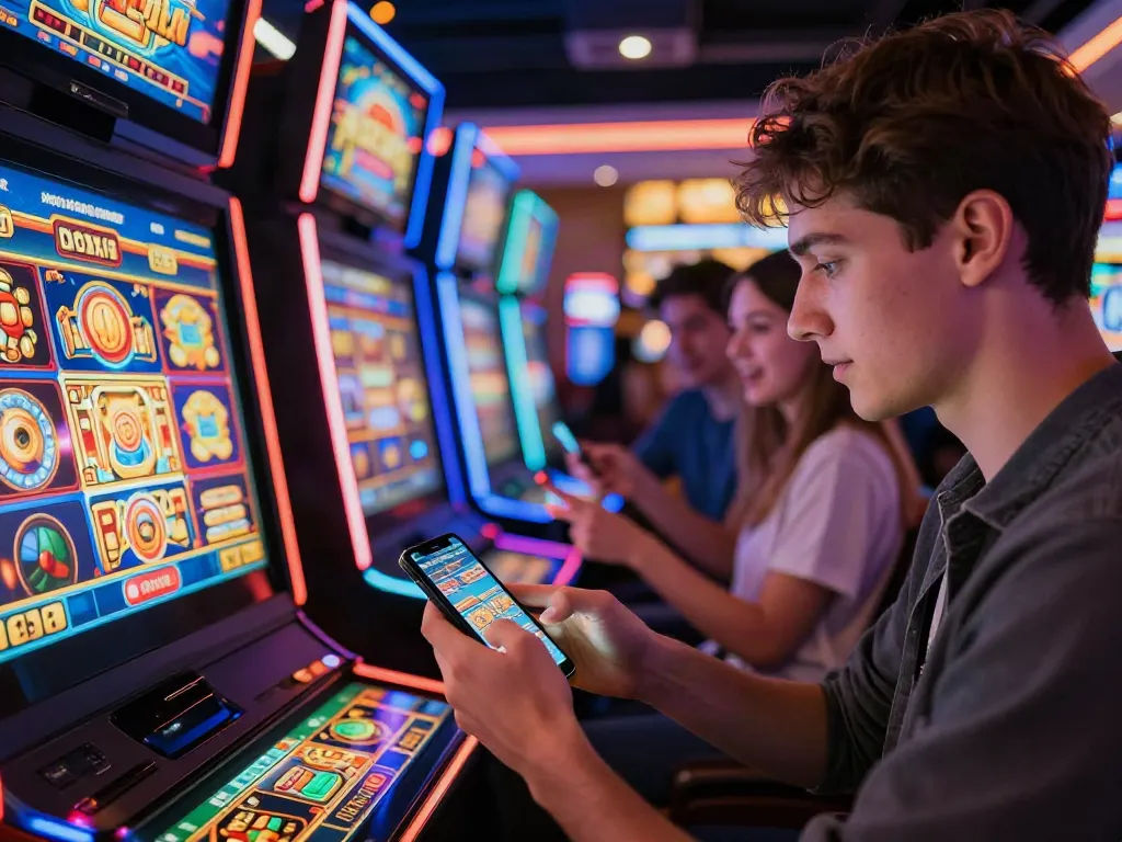 Engaging mobile player at PayPal casinos not on GamStop enjoying dynamic slots gameplay in a vibrant casino atmosphere