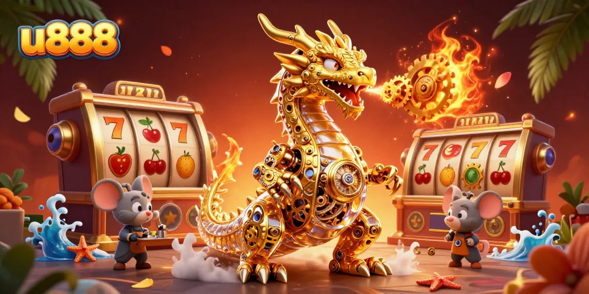 u888 slots experience with a golden dragon and dynamic jackpot elements, highlighting excitement and action.