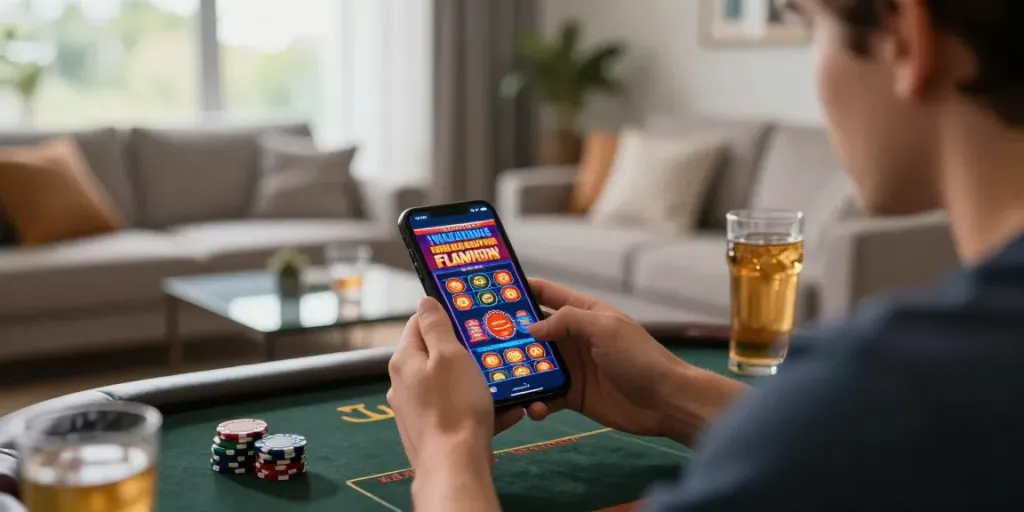 Engaging mobile user playing casinos not on GamStop with vibrant slot graphics and welcome bonuses.