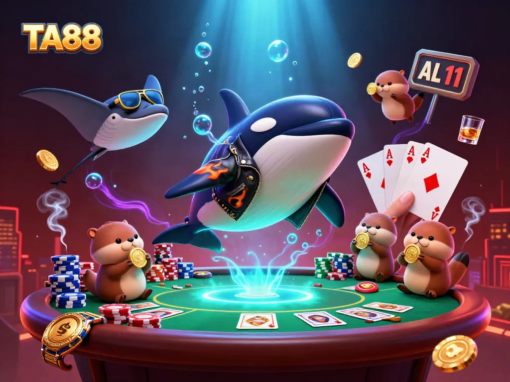 TA88 offers dynamic gaming with orca and stingray characters celebrating wins at a vibrant poker table.