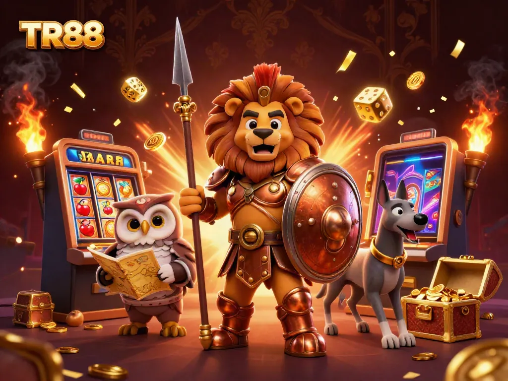 Experience exhilarating gaming with TR88's dynamic casino scene, packed with vibrant slot machine elements and animated characters.