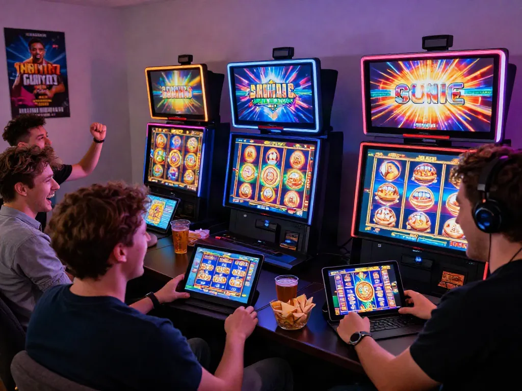 UK casinos vibrant online gaming scene with friends enjoying various slot machines in a cozy setting.