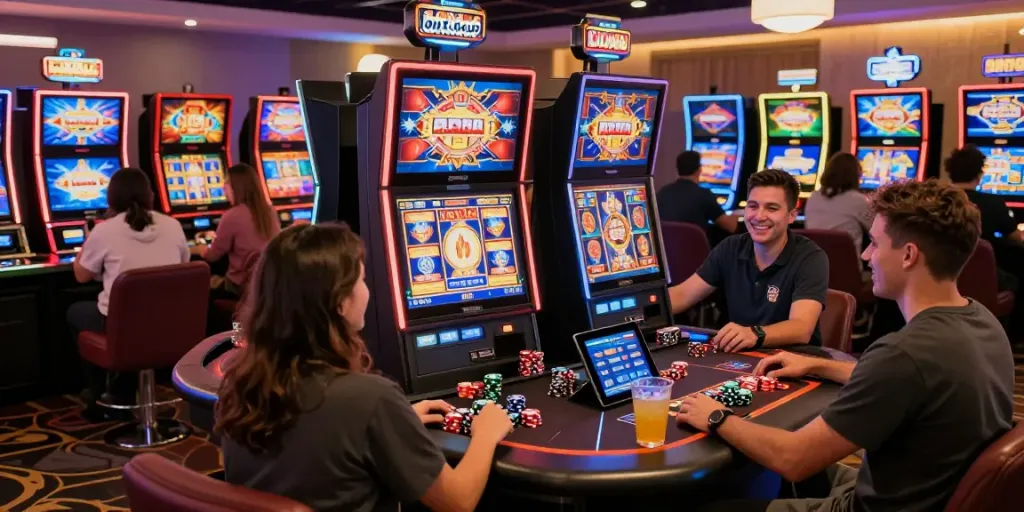 Players enjoying slots not on GamStop in a lively casino atmosphere.
