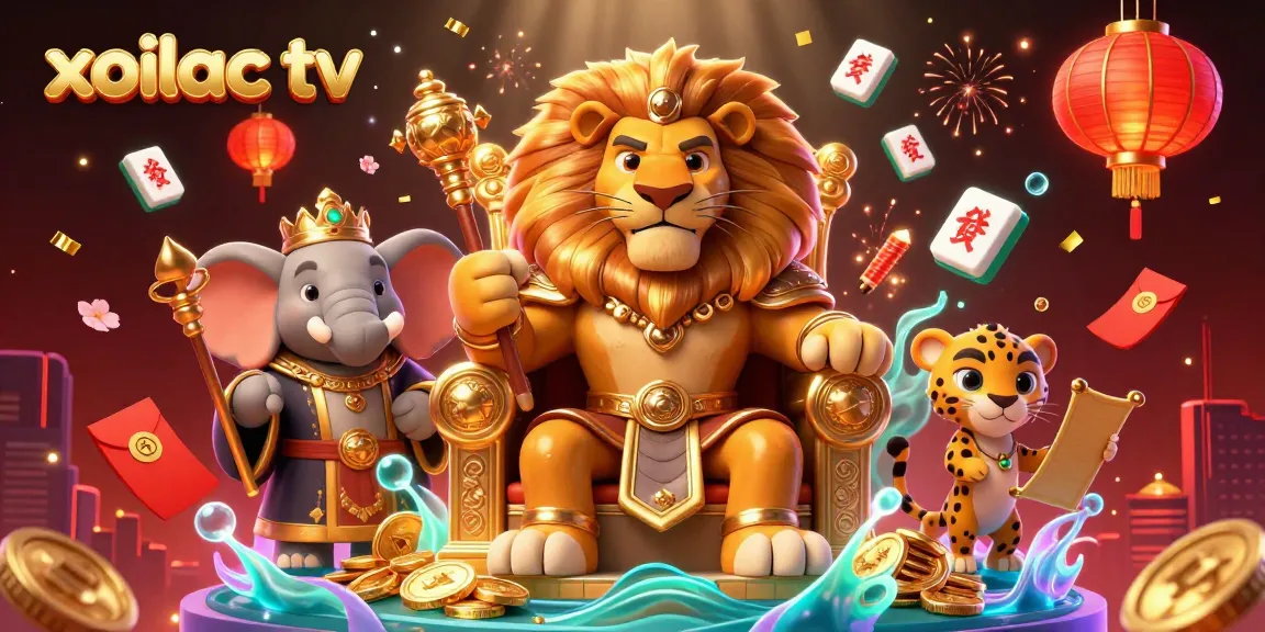 Xoilac TV showcases a vibrant casino scene with a king, advisor, and messenger amid dynamic gambling elements.