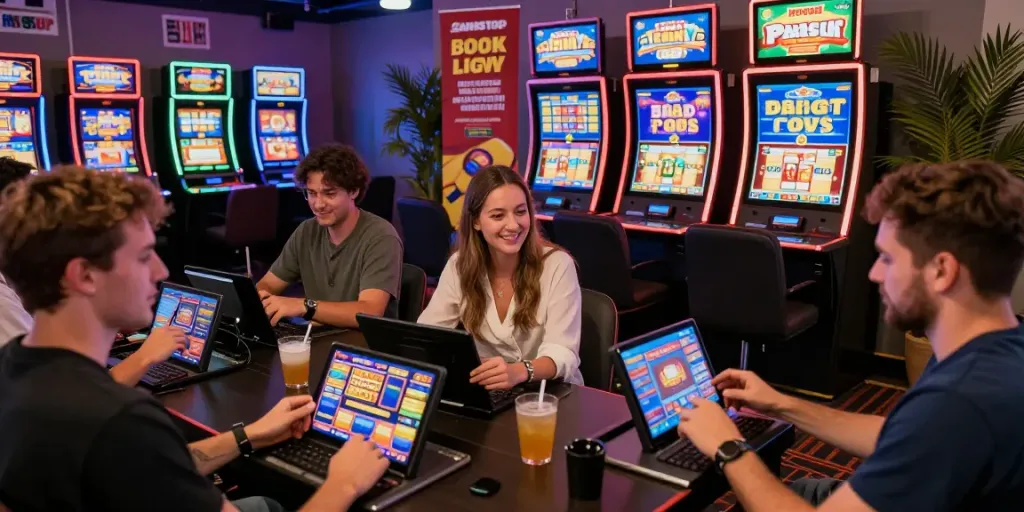 Engaged players enjoying mobile slots at an online casino not on GamStop in a vibrant gaming lounge.