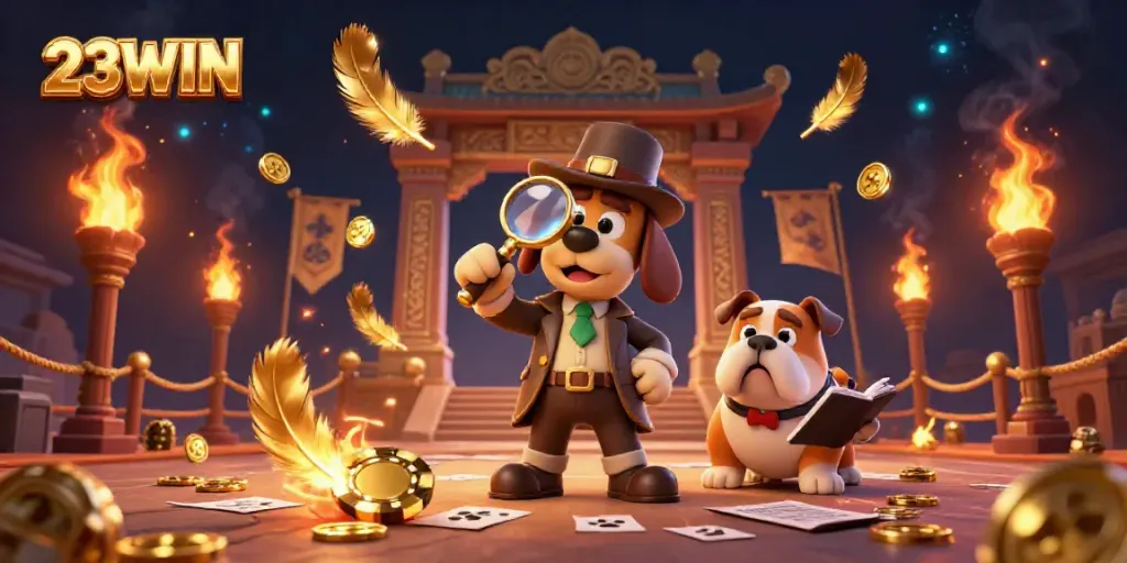 Engage with 23WIN through a detective-themed casino illustration showcasing excitement and treasure.