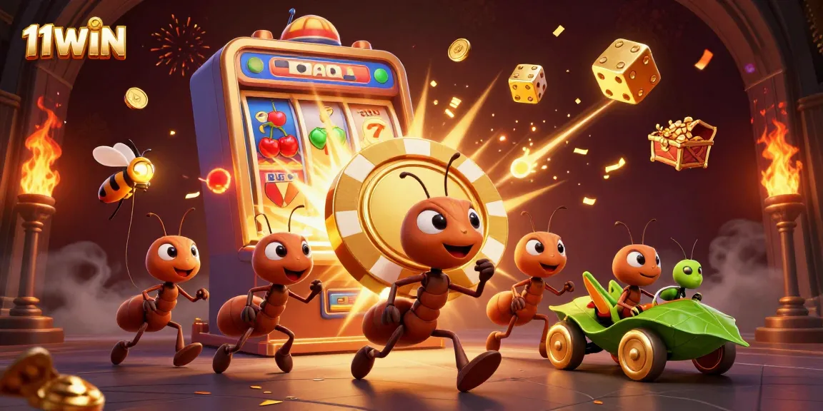 11WIN image showing ants executing a heist with a golden poker chip amid a slot machine jackpot.