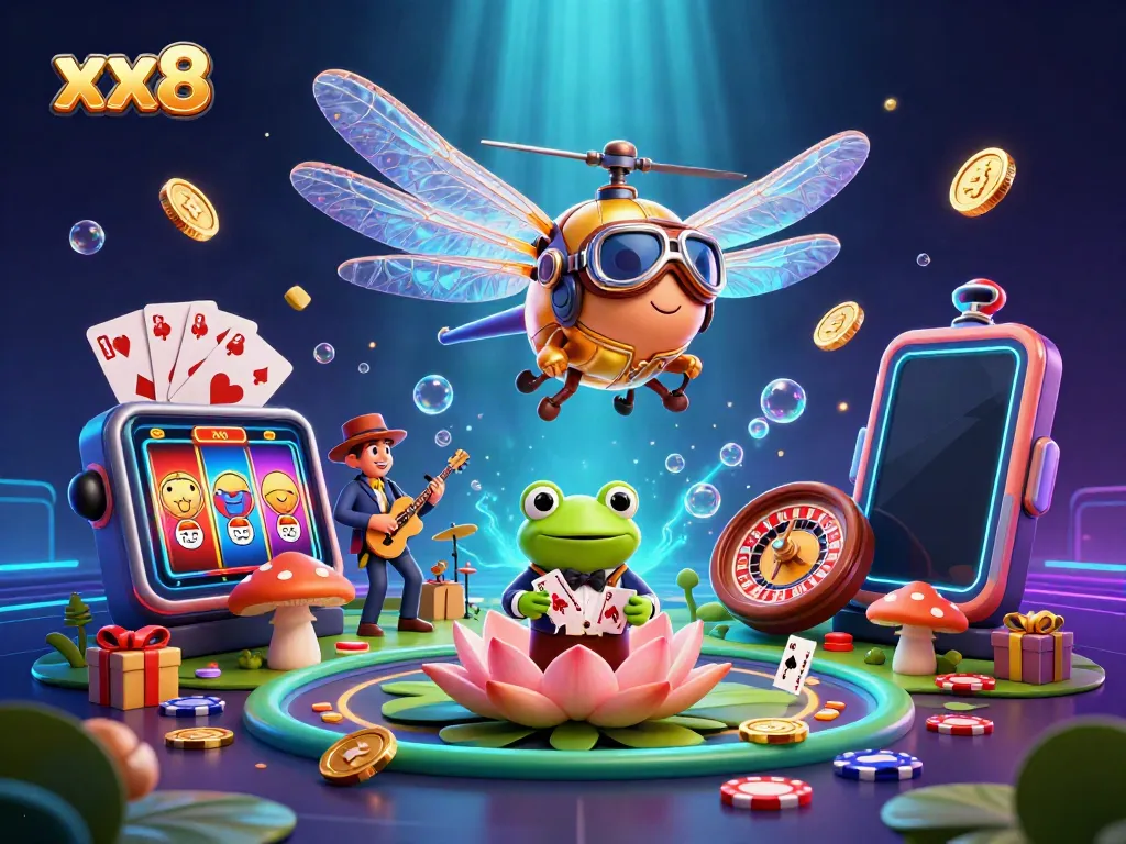 Spin to win with xx8 in an exciting, vibrant casino scene featuring a dragonfly pilot and frog dealer.