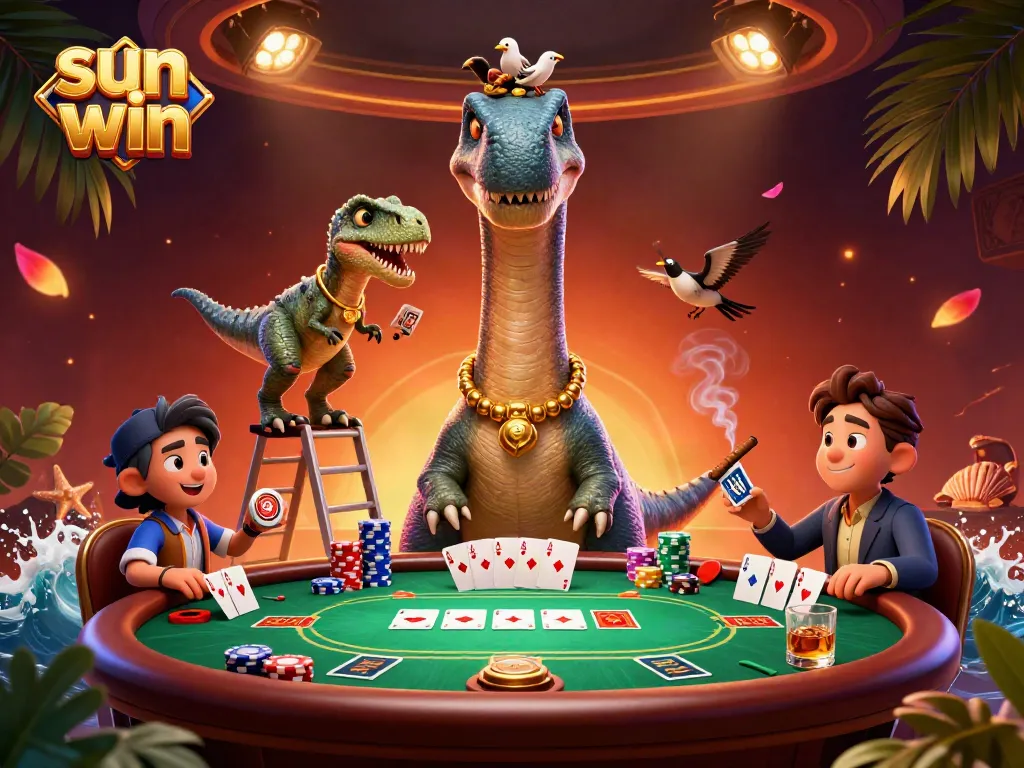 Experience the excitement of sun win at this animated casino scene with vibrant poker action.