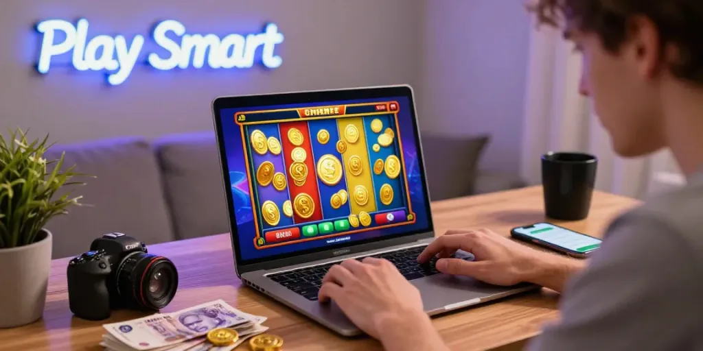 Engaged player immersed in non gamstop casinos UK slot games with vibrant visuals and GBP banknotes.