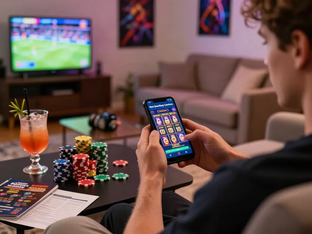 Mobile player enjoying non gamstop casinos UK slots from home, with chips and drinks.