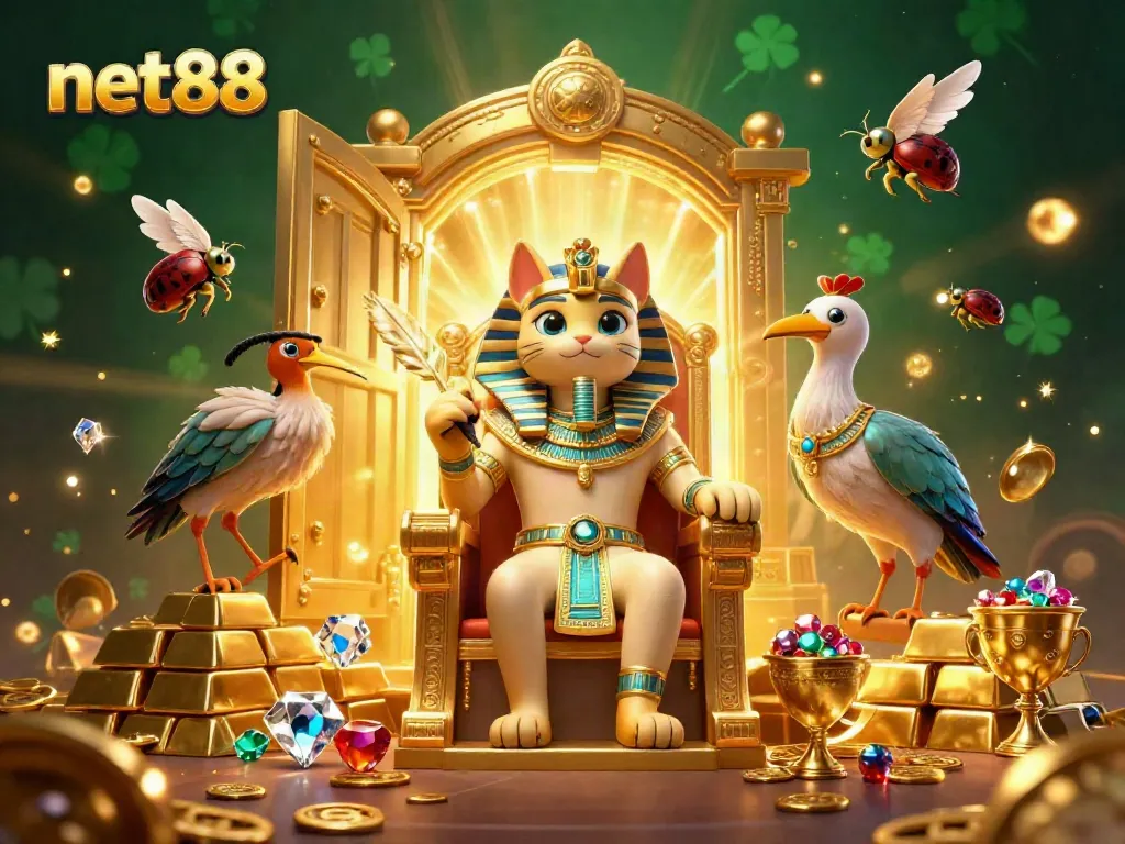 Experience the thrill of net88 with a vibrant casino scene featuring a pharaoh cat and treasures.