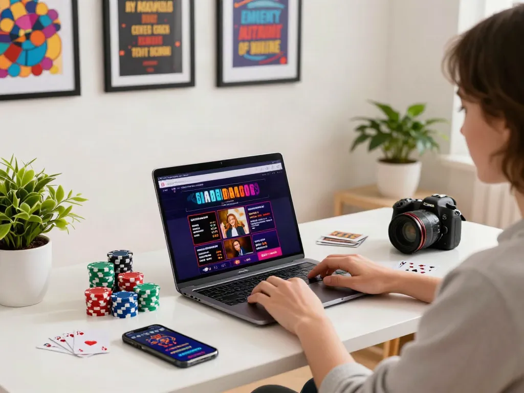 Engaging home office scene with vibrant gaming setup highlighting casinos not on GamStop.