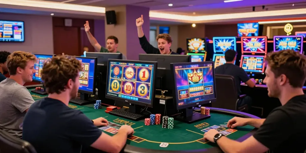 Engaged players enjoying diverse gaming options on gambling sites with vibrant screens and table games.