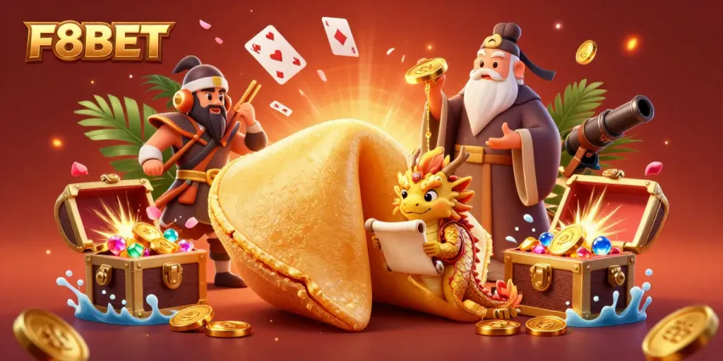 Experience the excitement of F8BET with a vibrant 3D illustration showing a golden fortune cookie, a wise dragon, and casino treasures.