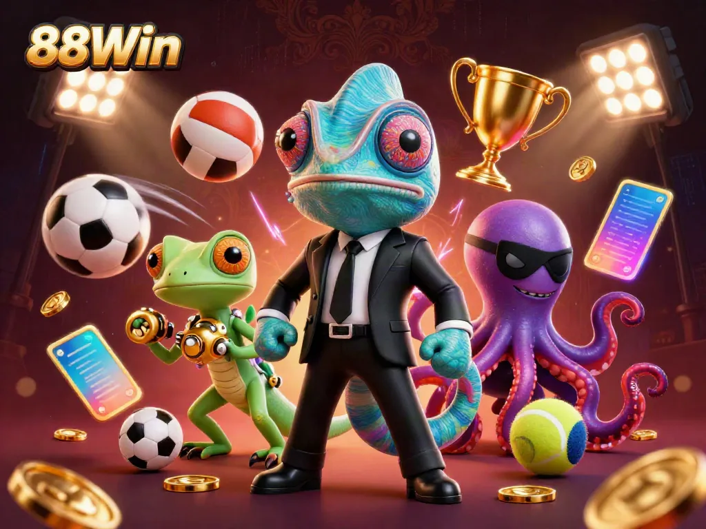 Engaging 88Win illustration with dynamic characters and vibrant wagering elements showcasing a thrilling casino environment.