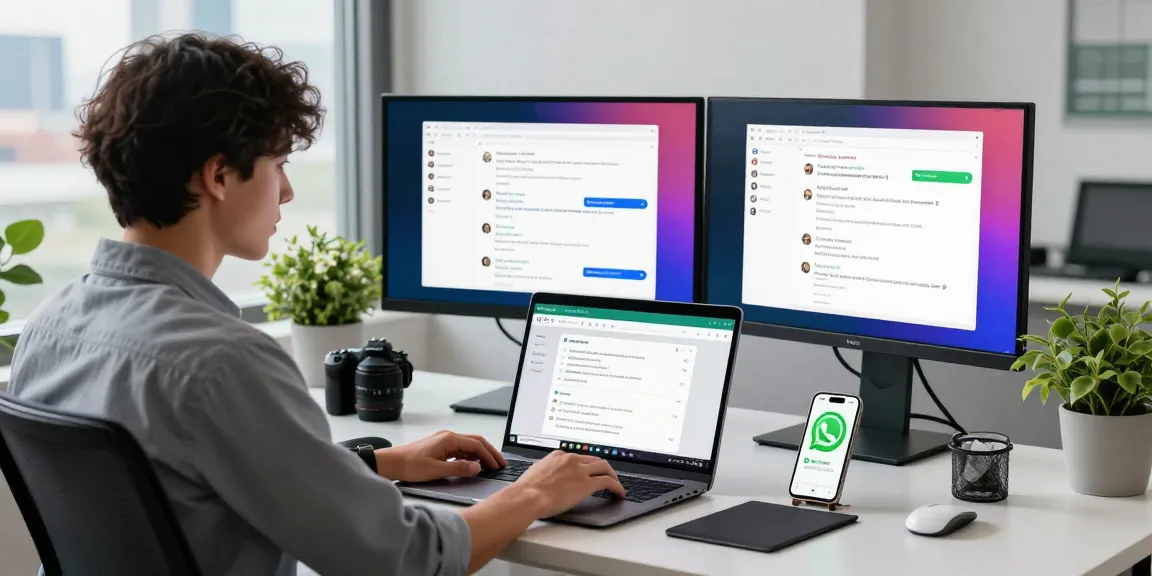 Featuring a young professional efficiently using WhatsApp網頁版 on a laptop in a modern workspace.
