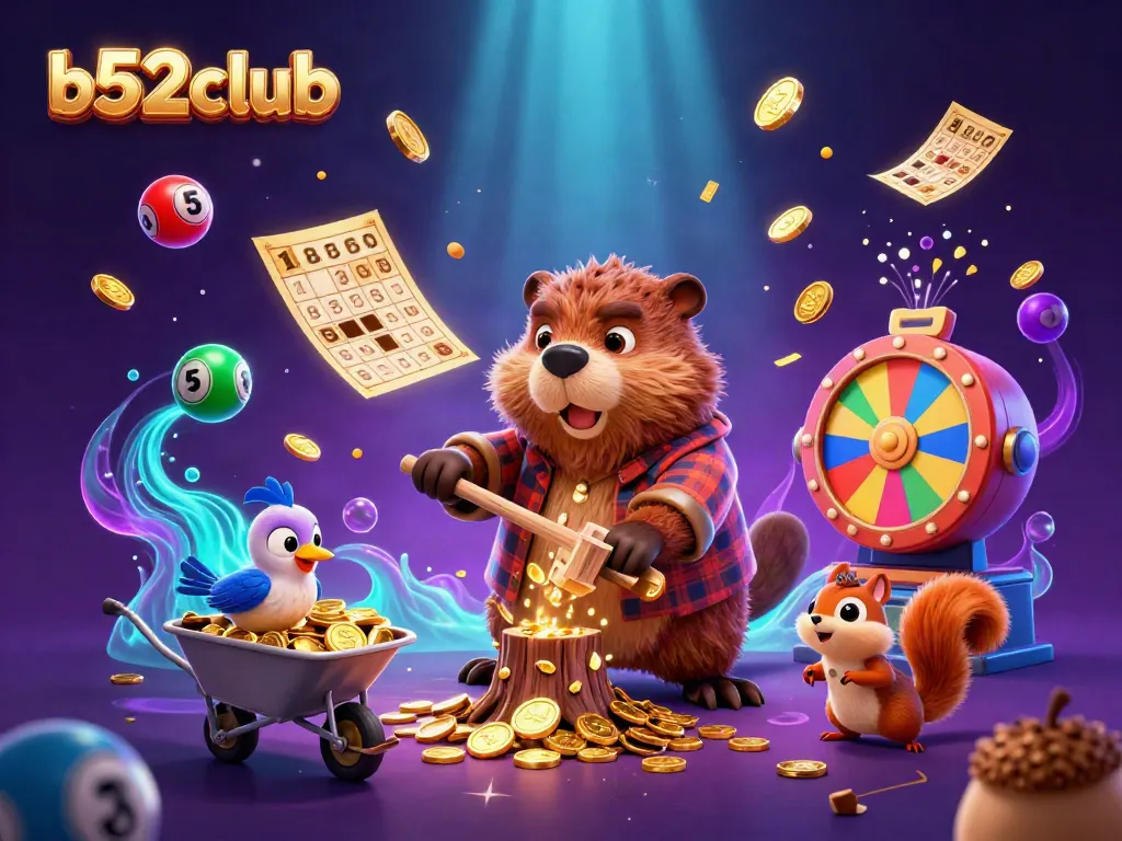 Experience gaming excitement with b52club's 3D beaver character in a vibrant casino setting.