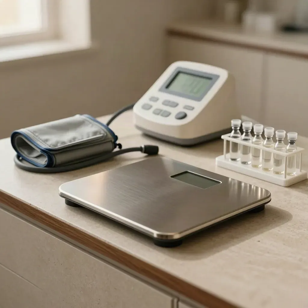 Clinic assessment station close-up with scale, blood pressure cuff, sensor dock, and sample vials.