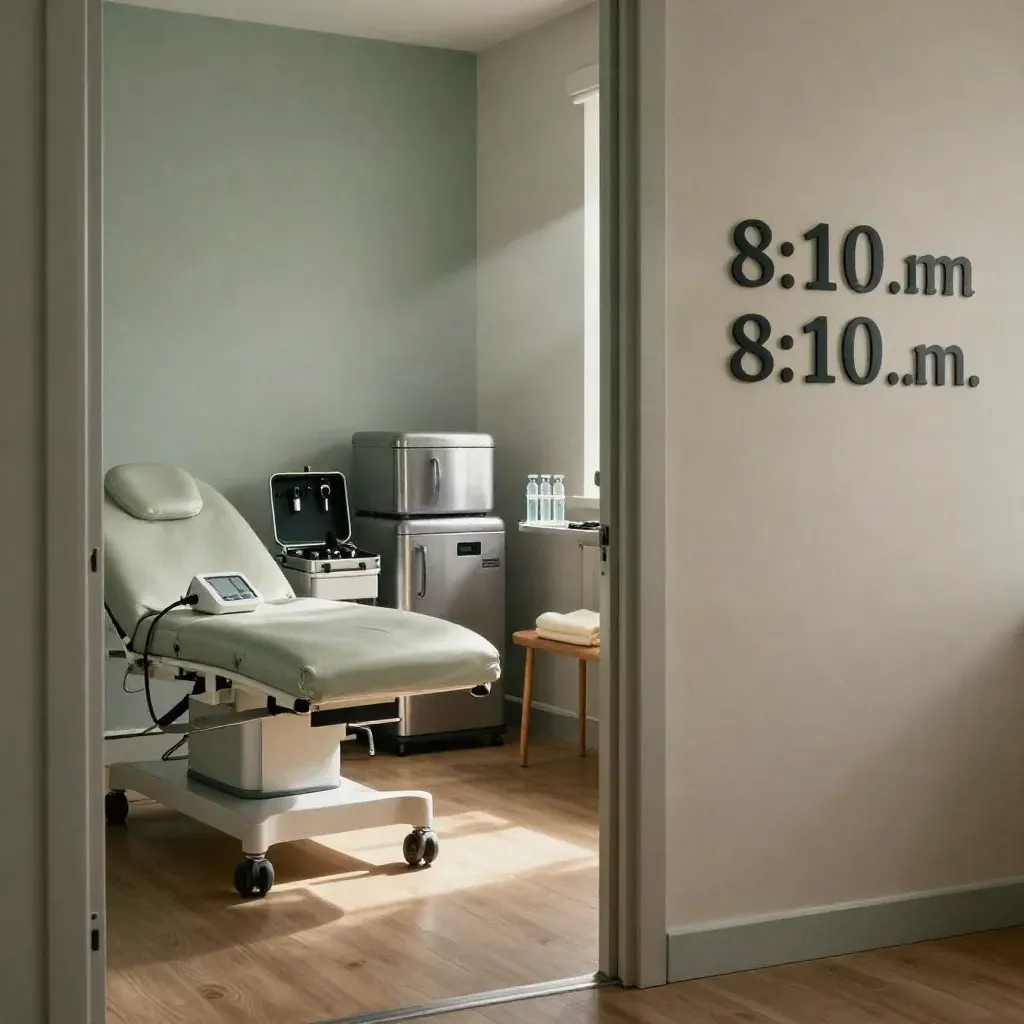 Private clinic suite with exam couch, medical tools and misty morning light