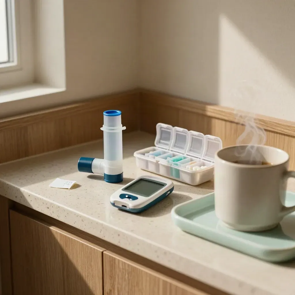Inhaler spacer, glucose meter, pill organiser and steaming mug on a travertine clinic shelf