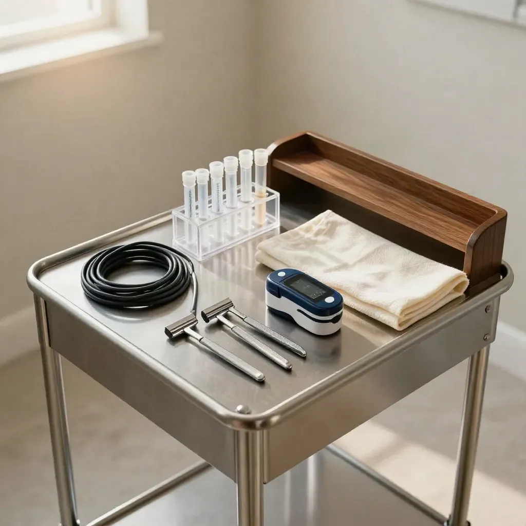 Clinic screening cart with ECG leads, sample tubes, pulse oximeter, and folded linen drape.