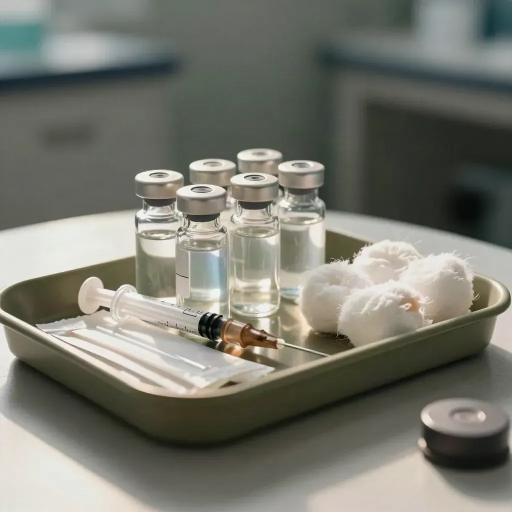 Moody vaccine prep tray with vials, swabs, cotton, and syringe on white stone.