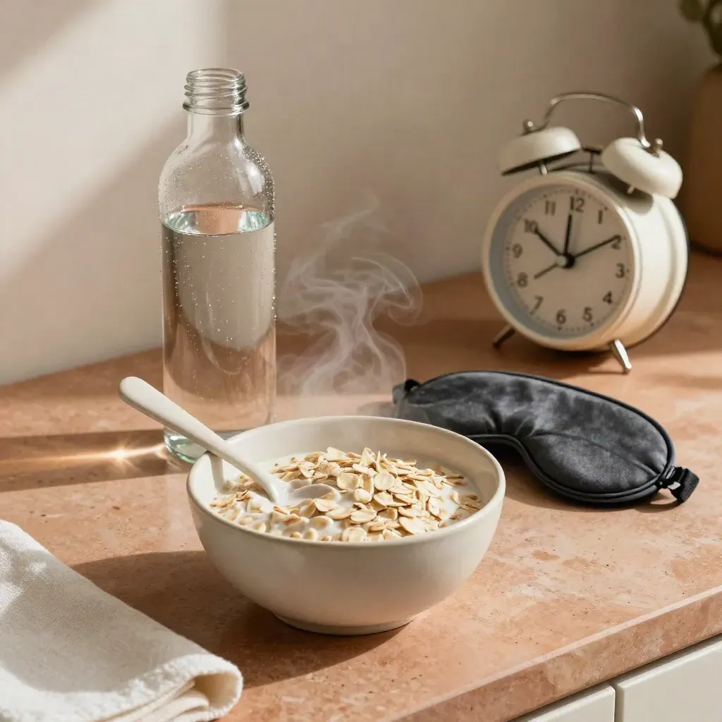 Oats, water bottle, sleep mask and alarm clock on a warm kitchen counter in soft morning light.