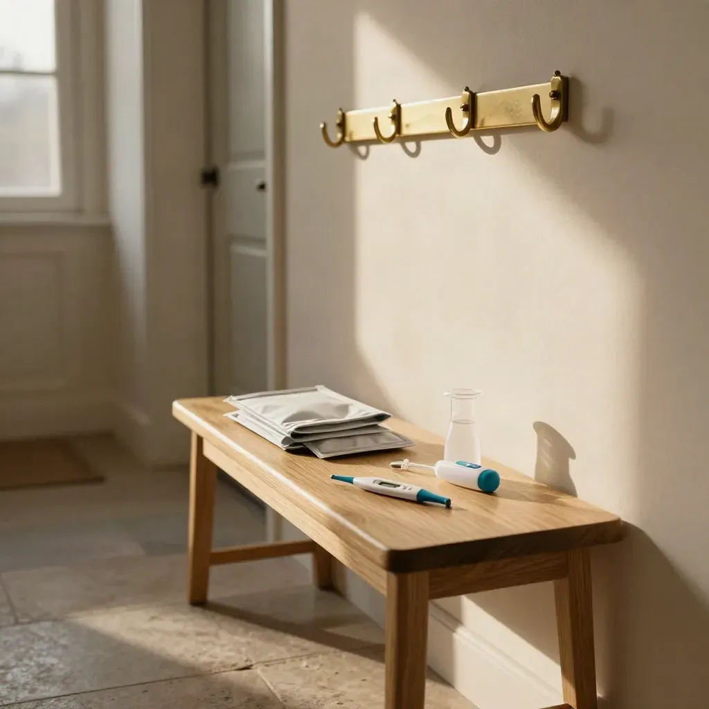 Hallway bench with prescription pouches, spacer and thermometer in warm window light.