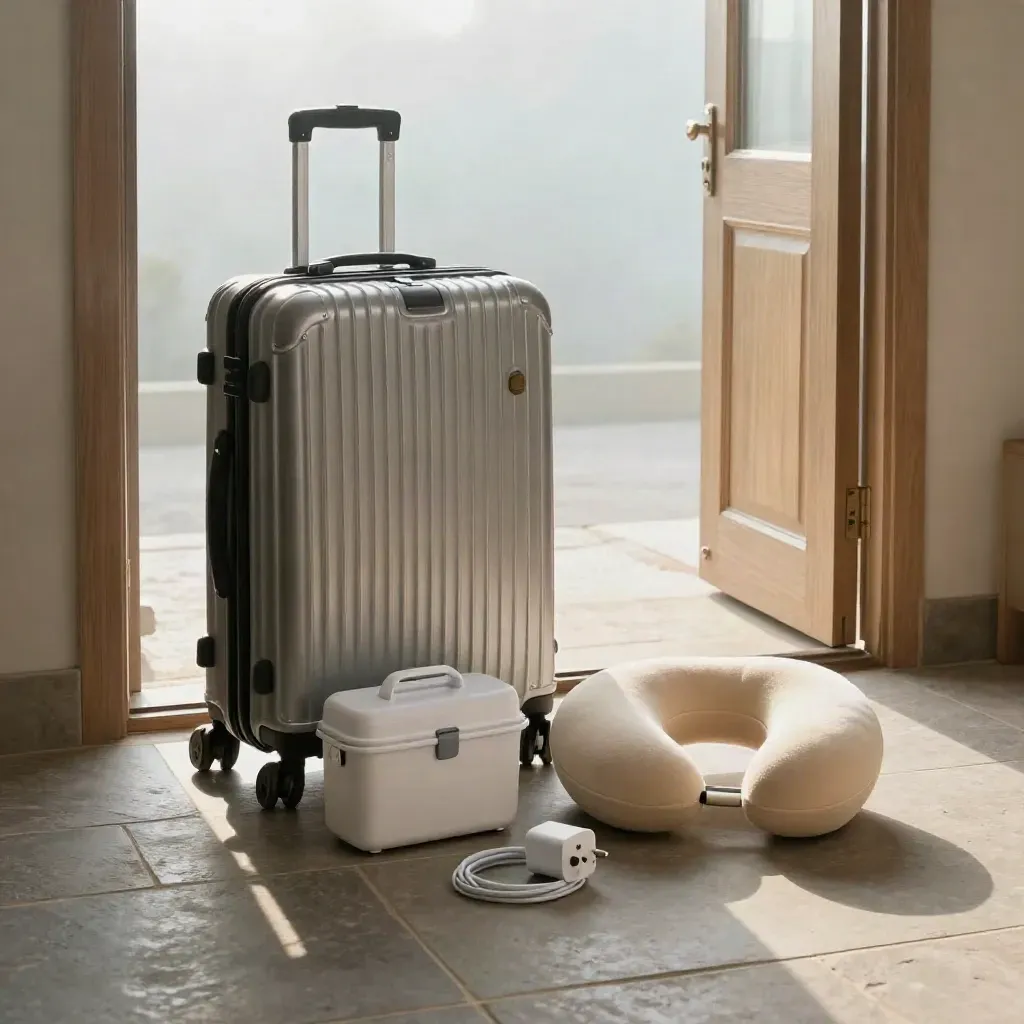 Carry-on, vaccine case, neck pillow and adapter ready by an open doorway at dawn.