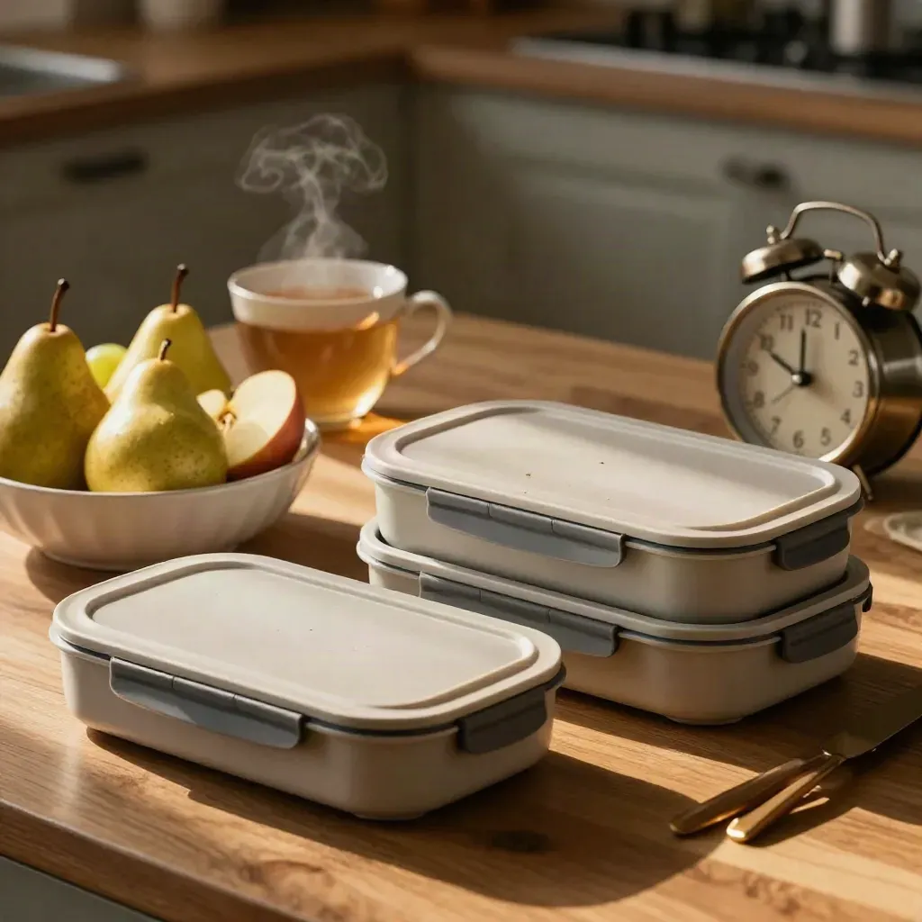 Lunchboxes, fruit bowl, tea and alarm clock on a moody kitchen table.