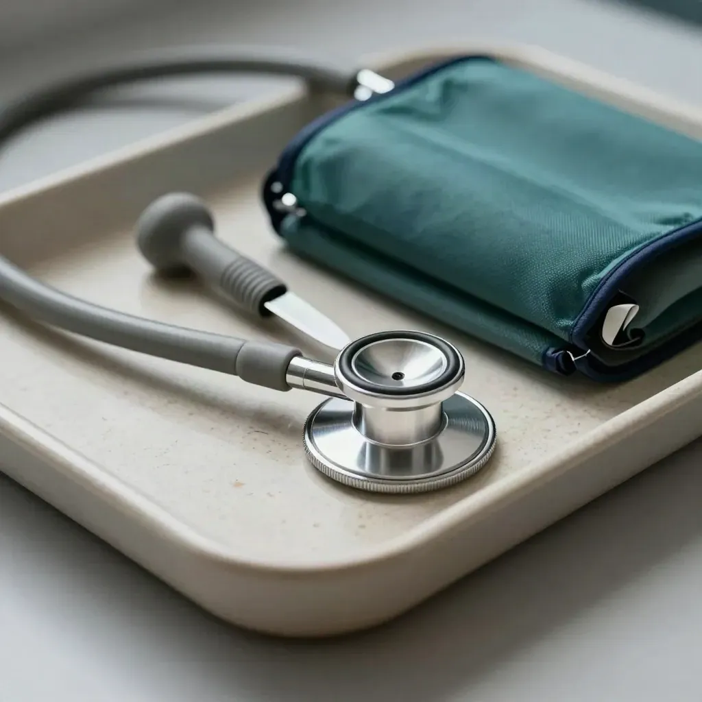Macro still life of GP tools in a tray on travertine with deep teal accent