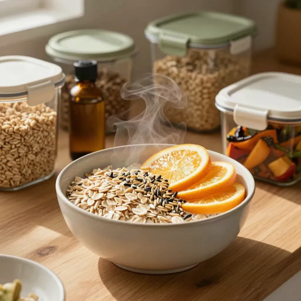 Ceramic oats bowl with citrus, seeds, oil bottle and meal-prep boxes on a warm oak counter.
