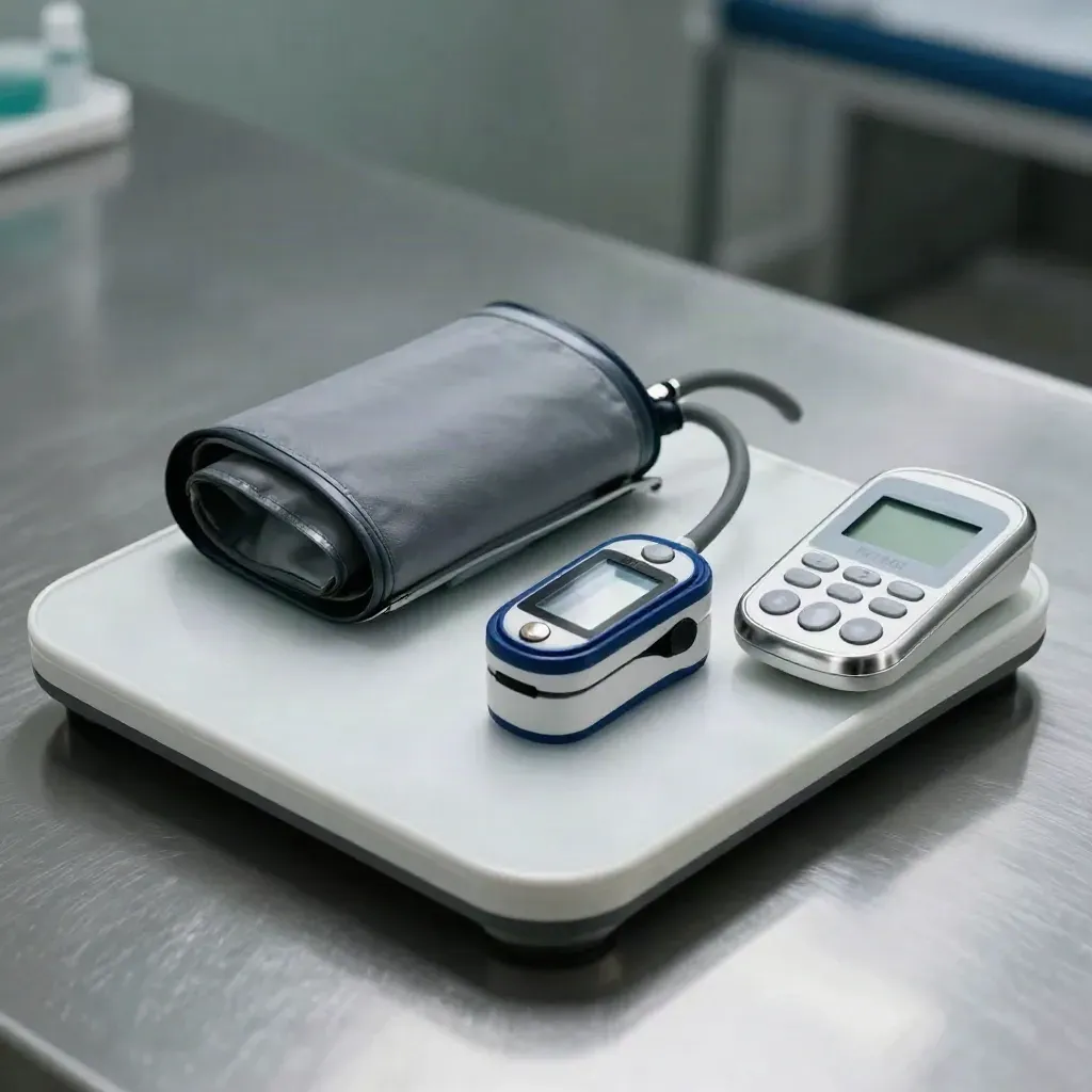 Clinical assessment tools on brushed metal in dramatic still life, ready for the next check.