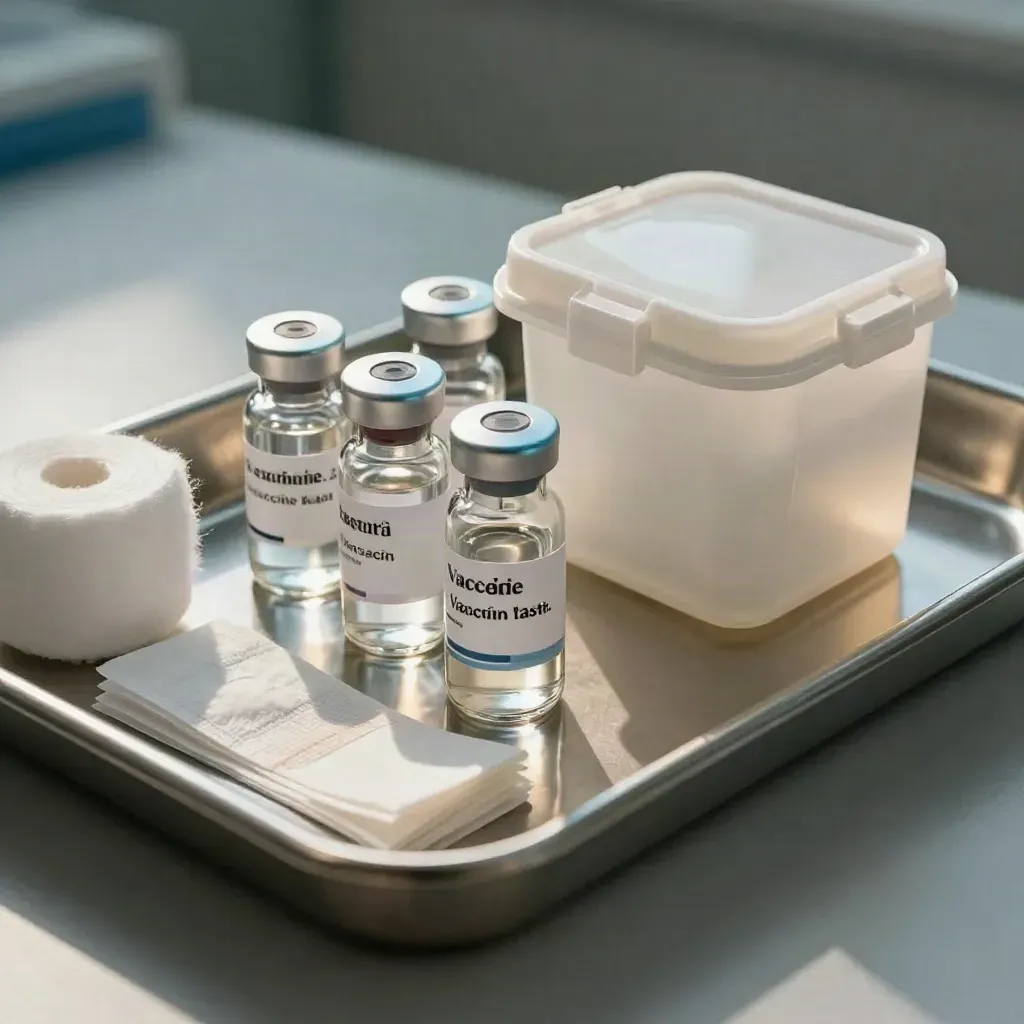 Vaccination vials, cotton rolls, bandage strips, and a sharps bin lid on a stainless tray.