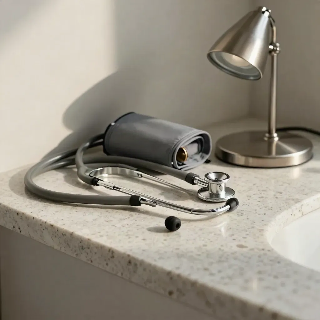 Otoscope case, stethoscope, blood pressure cuff and clinic lamp on travertine shelf.