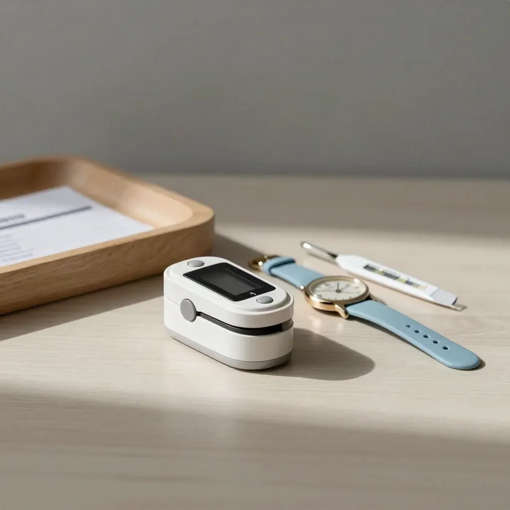 Pulse oximeter, thermometer, and reminder watch beside a closed inbox tray on pale wood.