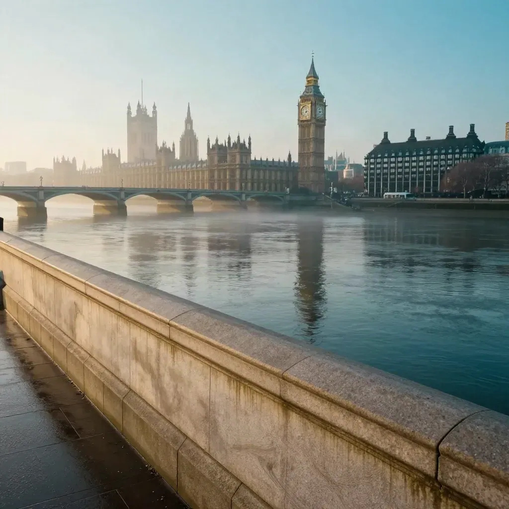 Westminster skyline over the Thames at dawn with mist and stone embankment