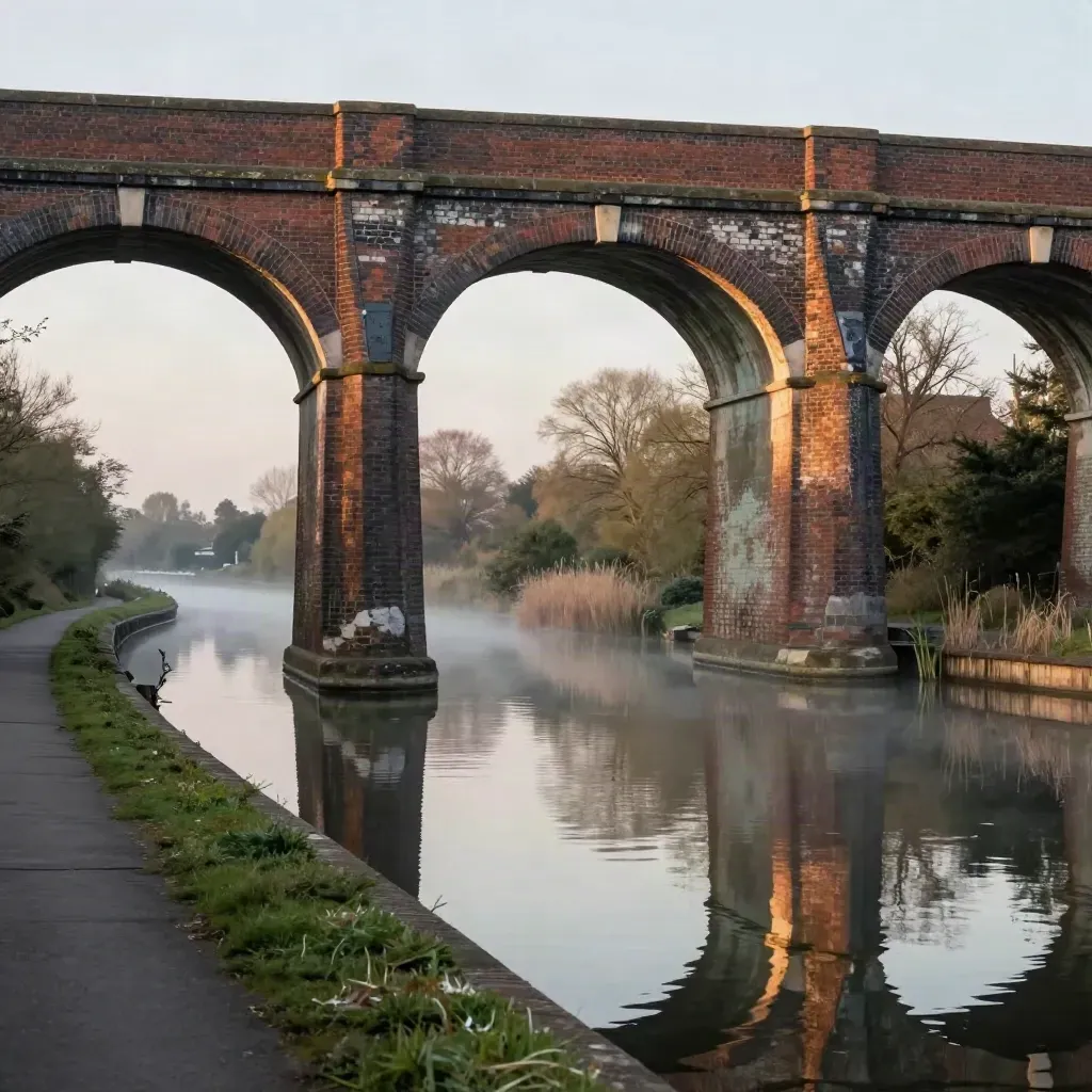 Brick viaduct over a still West Midlands canal, warm haze, faint mint reflections, open calm water below.