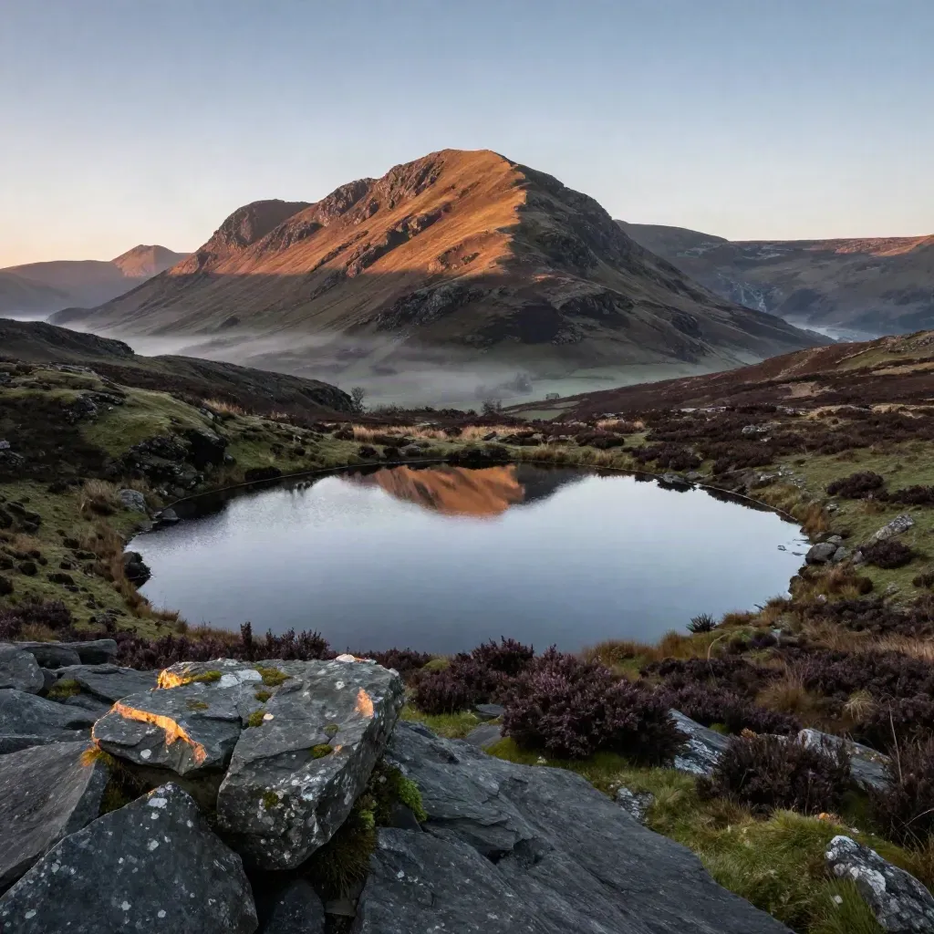 Lake District tarn with mirrored ridges, misty moorland, and open calm foreground at sunset