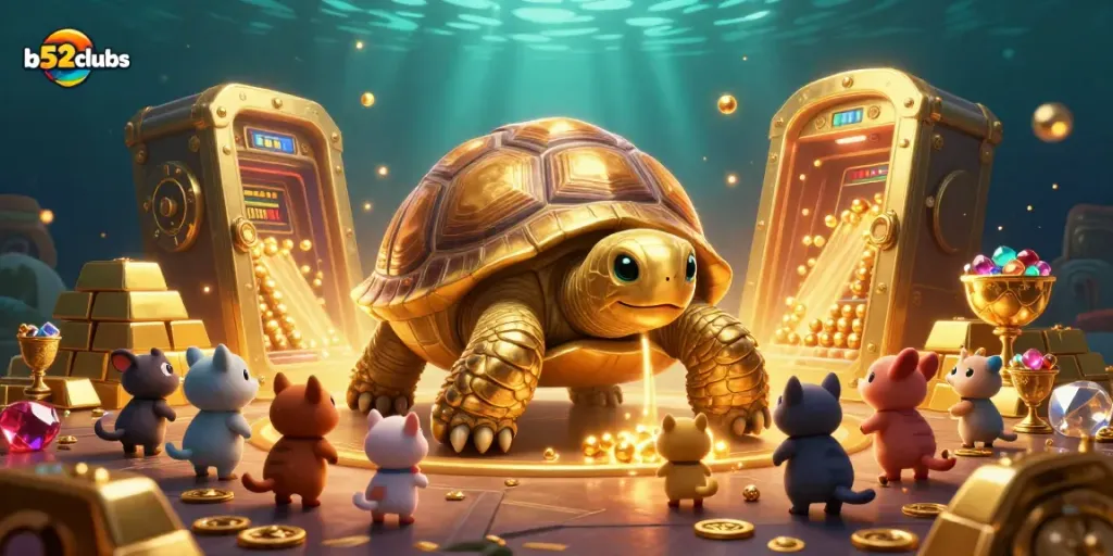 Experience dynamic gaming action at b52clubs with a lively illustration of casino fun and golden treasures.